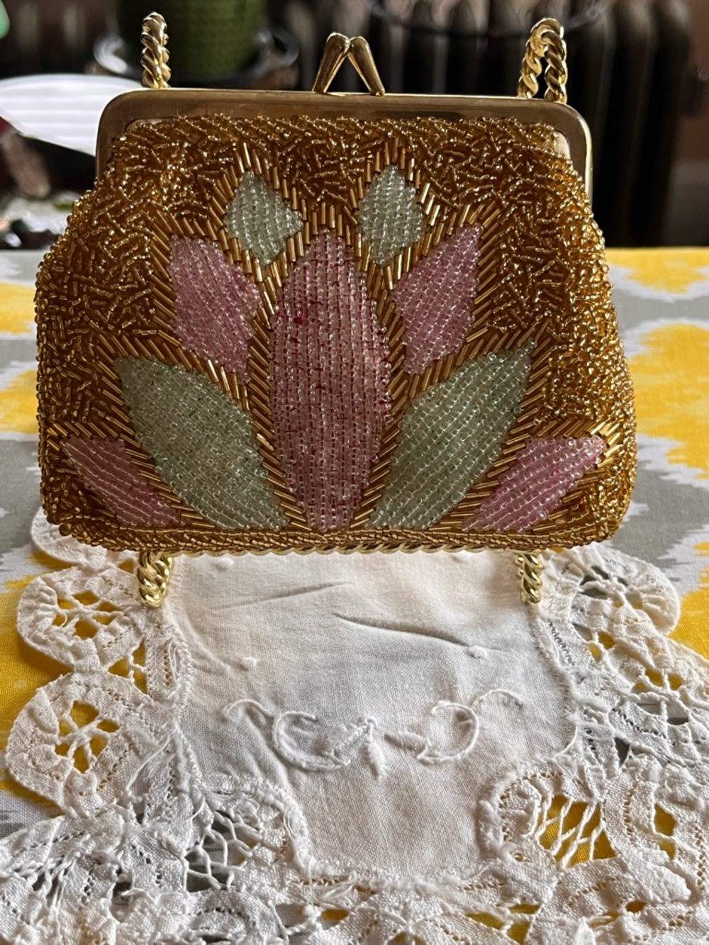 SOLD- Hand Beaded Gold Lotus Flower Coin Purse